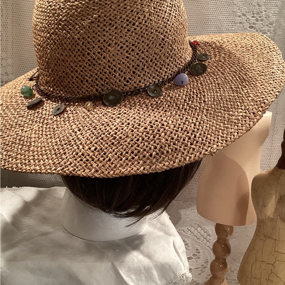Natural Straw Women’s Summer Floppy Hat/ Distressed Coin /Beaded Charm Band - Picture 8 of 11